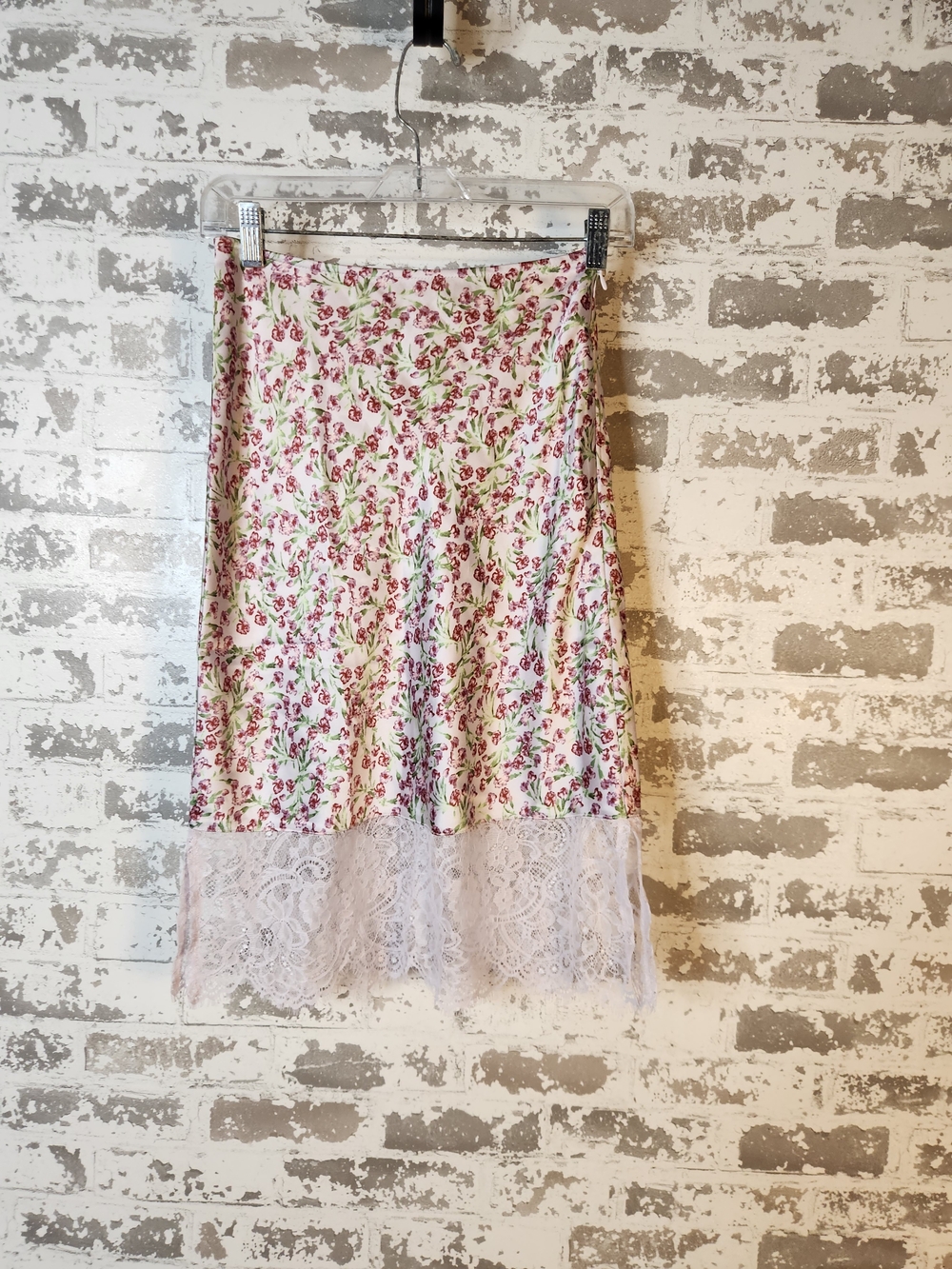 Forever 21 Y2k Floral Lace-Trim Satin Slip Midi Skirt